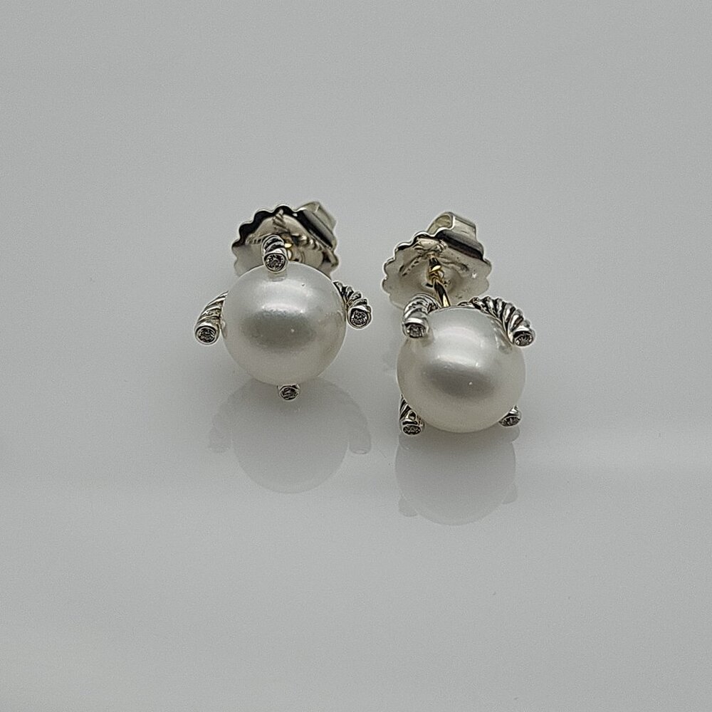 David Yurman Classic Cable  Pearl Stud Earrings in Sterling Silver with Diamonds